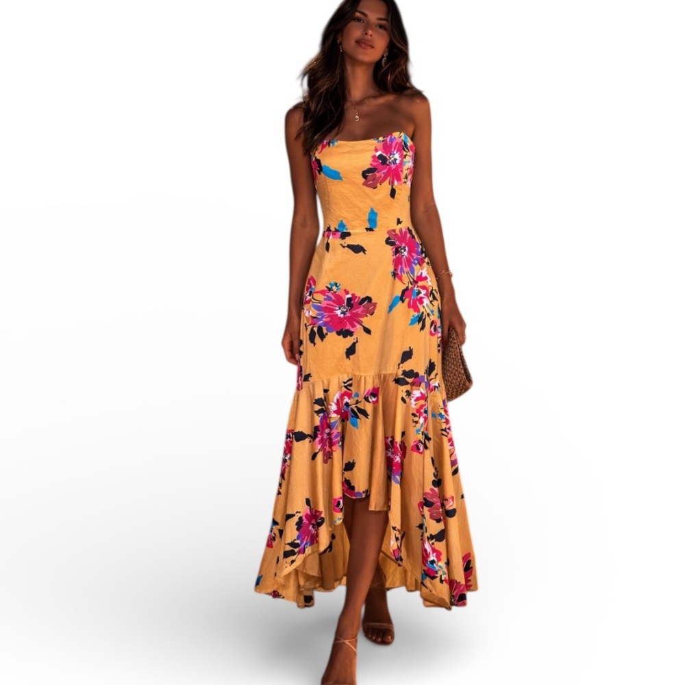Anthropologie Hutch Dea Strapless Flounce High Low Floral Gown Sz 12